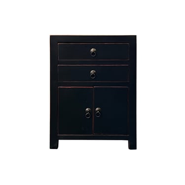 Chinese Oriental Distressed Black 2 Drawers End Table Nightstand cs7584E 