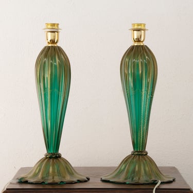 Set of 2 Murano blown glass table lamps green color with gold leaf, handmade Made in Italy lighting design 