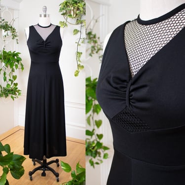 Vintage 1970s Maxi Dress | 70s Black Fishnet Sexy Goth Full Length Formal Party Gown | medium/large 