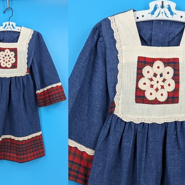 Vintage Seventies Girl's Medium Chambray Plaid Bell Sleeve Hippie Dress - 70s Girl's Peasant Dress 