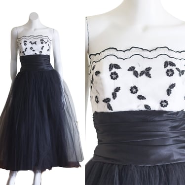 Black and white strapless tulle gown 