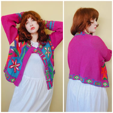 1990s Vintage Magenta Ramie Cotton Cardigan / 90s Bold Floral Beaded Cropped Hand Knit Sweater / Tag Size Large 