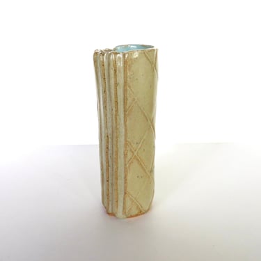 Vintage Studio Pottery Vase in Aqua Blue and Cream, Signed Textural Stoneware Bud Vase 