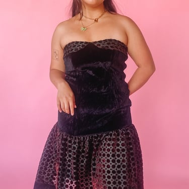 1980s Black Velvet Polka Dot Drop Waist Dress, sz M/L