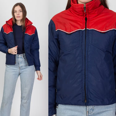 80s Color Block Puffer Ski Jacket - Extra Small | Vintage Unisex Navy Blue Red Cropped Winter Coat 