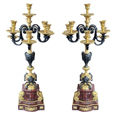 Pair of French Napoleon III Bronze &amp; Rouge Marble Candelabras