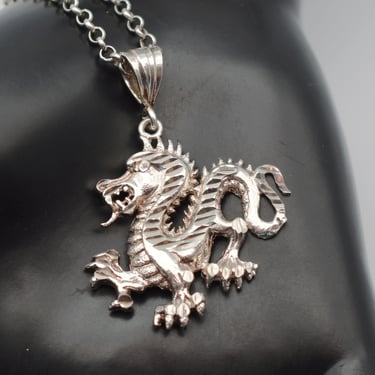 90's 925 silver diamond cut Chinese dragon pendant, big sterling Italy rolo chain rocker necklace 