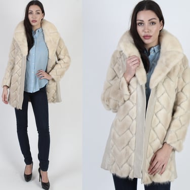 Chevron Blonde Mink Trench Coat, Plush Mod Leather Geometric Print Spy Jacket 