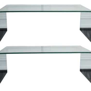 Contemporary Modern Pair of Sheet Glass Waterfall Coffee Cocktail Tables 