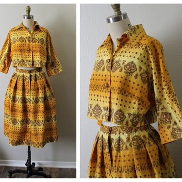 Vintage Rare 50s 60s 2 Pc JANTZEN Cotton Dress Crop Top Skirt Dress Set Gold Yellow Modern Size US 2 4 XS Small 