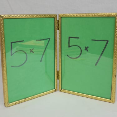Vintage Hinged Double Picture Frame - Corroded Spots - Tabletop - Gold Tone Metal w/ Glass - Holds Two 5" x 7" Photos - 5x7 frame 