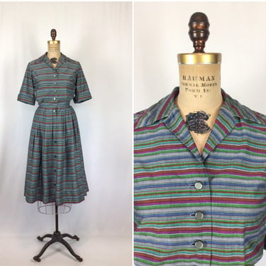 Vintage 50s dress | Vintage multi colored stripe shirtwaist dress | 1950s fit and flare day dress 