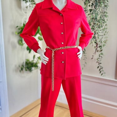 Vintage 1970s Pant Suit | 70s Hot Pink Knit Polyester Jacket Blazer High Rise Pants Matching Two Piece Set | medium/large 