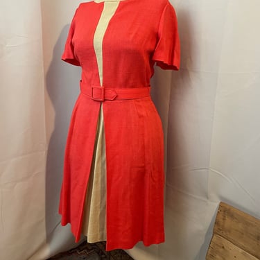Linen Summer Dress 1950s Vintage Salmon Pink Orange Cream Lampl M 