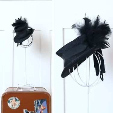 vintage 1930s black tilt topper hat • black feather trimmed designer New York Creations hat 