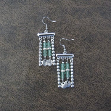 Green sea glass and silver chandelier earrings 