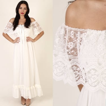 70s Off The Shoulder Wedding Day Dress / Plain All White Bohemian Bridal Gown / Simple Prairiecore Long Tiered Maxi 