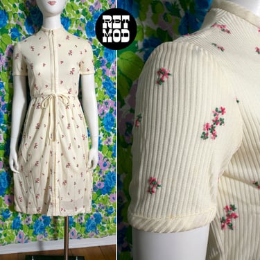 Embroidered Floral Vintage 60s Cream-Colored Ribbed Short Sleeve Dress 