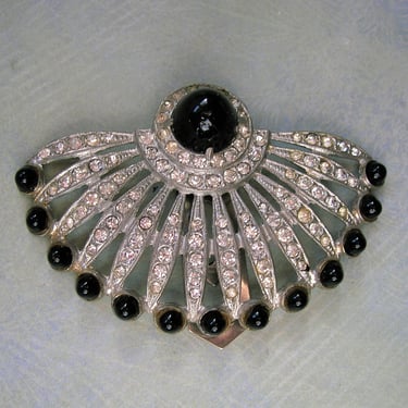 Vintage Art Deco Rhinestone Paste Dress Clip With Black Bullet Stones, 1930's Rhinestone Dress Clip (#3974) 