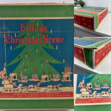 Vintage Village Christmas Scene Putz House set Original Box, Dolly Toy Co Pre-War 1939-1941 Cardboard House Mica Snow Santa Sleigh Reindeer 