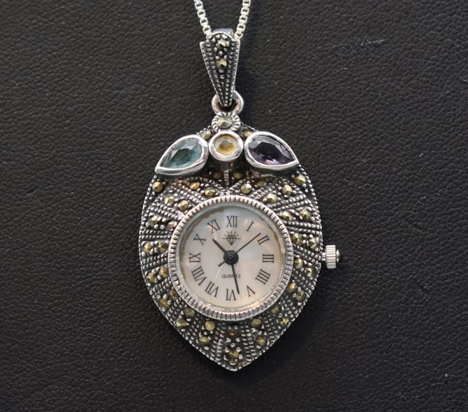 60's 925 silver marcasite tourmaline MOP face watch pendant, Art Deco style sterling pyrite watch necklace 