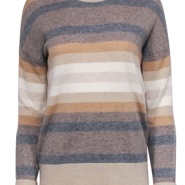 Theory - Tan, White &amp; Grey Striped Cashmere Crewneck Sweater Sz S