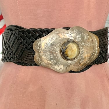Vtg wide belt red texture faux leather brutalist metal buckle M Lino Lippi 1970s Emaus Bronze Mexican Modern Brutalist Sun Belt  main image 3