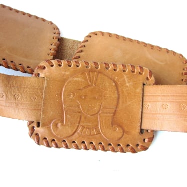 Egyptian Motif Leather Link Belt, Tan Leather Belt with Tie Closure, 