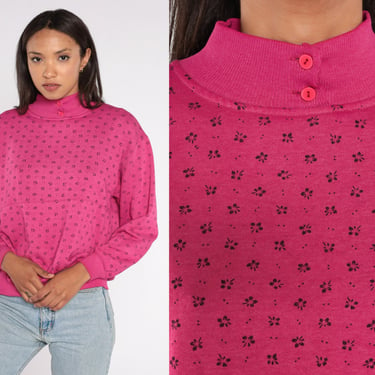 Floral Sweatshirt 80s Pink All Over Print Shirt Vintage Mock Neck Sweater Graphic Sweatshirt 1980s Slouchy 90s Medium 