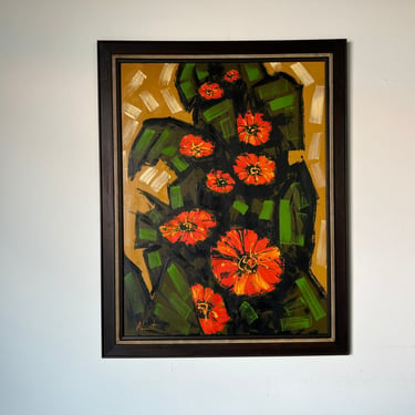 Large Framed Original Mid Century Expressionist/Abstract Still Life Floral Oil Painting 