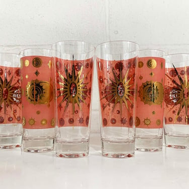 Vintage Fred Press Starburst Eclipse Highball Glasses Mad Men Red Gold Set of 6 Retro Barware Cocktail Mid-Century 1950s Gold Leaf 