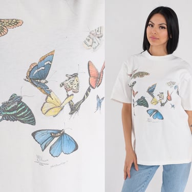 Butterfly T-Shirt 90s Single Stitch TShirt Butterflies Graphic Tee Two Sided Front Back Print Shirt Nature White Vintage 1990s Large 