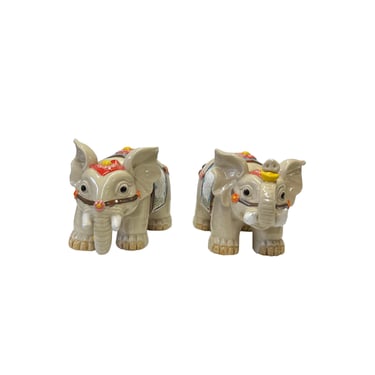Pair Chinese Ceramic Clay Beige RuYi Ingot Decor Elephant Figures ws3074E 