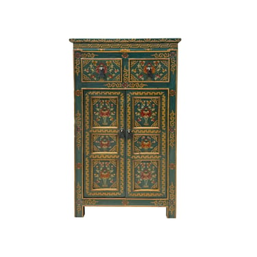 Distressed Teal Blue Green Tibetan Floral End Table Nightstand Cabinet cs7621E 