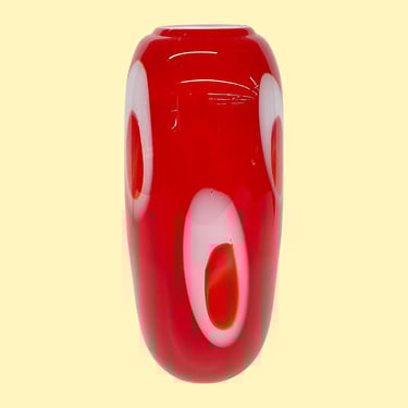 Vintage Vase Retro 2000s Y2K + Handblown + Art Glass + Red and White + Abstract Circle Design + Modern Home Decor + Contemporary Decoration 