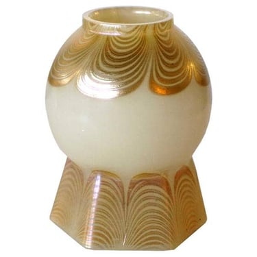 Authentic Tiffany Studios. No. 2353 Opalescent White and Gold Gilt Glass Dragged Loop Mosque Hexagonal Lamp Shade. 