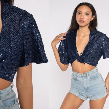 Sequin Crop Top 90s Party Shirt Blue Sparkly Tie Front Blouse Vintage Formal Going Out Festival Glam Holiday Short Sleeve Retro 1990s Large 