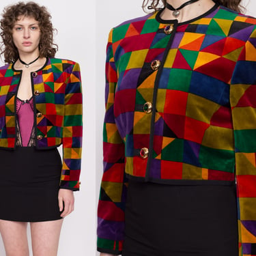 90s Louis Feraud Rainbow Velvet Suit Jacket - Medium | Vintage Designer Colorful Geometric Button Up Formal Blazer Top 