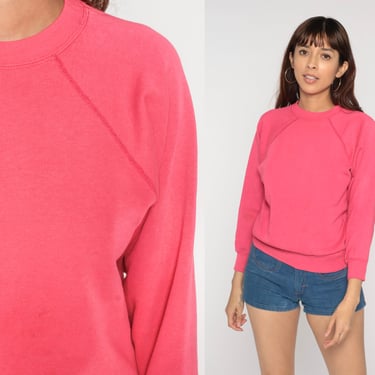 Hot Pink Crewneck Sweatshirt 80s 90s Sweatshirt Raglan Sleeve Distressed Plain Long Sleeve Slouchy 1980s Vintage Sweat Shirt Small S 