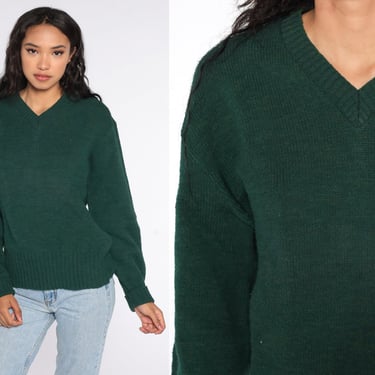 Green Wool Sweater V Neck Sweater 80s Pullover Slouchy Plain Knit Vintage 1980s Cozy Jumper Men's Medium 