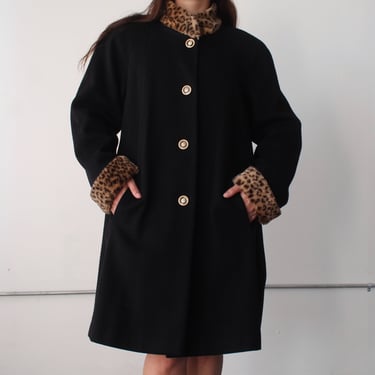 Vintage Leopard Trim Wool Coat
