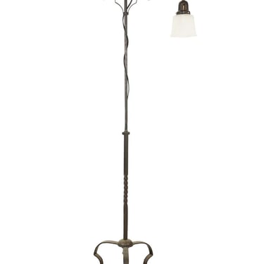 1910s Wrought Iron & Down Shade Glass Adjustable Floor Lamp