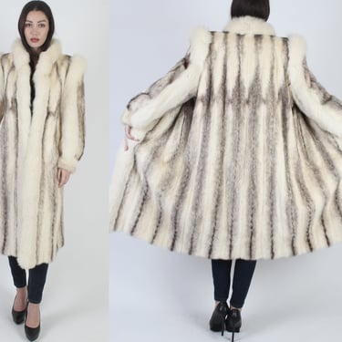 1980s Cross Mink Fur Coat / Vintage Platinum Blonde Real PlushJacket / White Arctic Fox Long Stroller Overcoat 