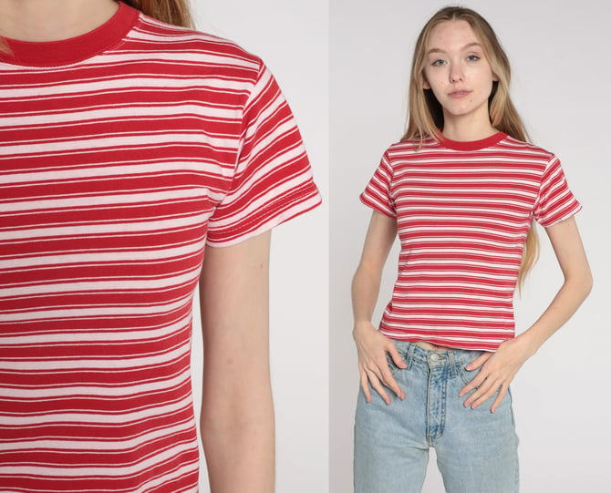 Y2K Striped Tee Shirt Red Ringer Tee White Short Sleeve Shirt 00s Baby Tee Vintage Normcore T Shirt Extra Small xs 