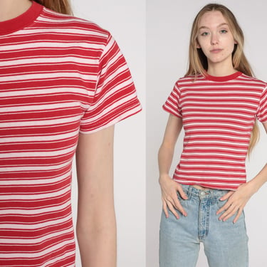 Y2K Striped Tee Shirt Red Ringer Tee White Short Sleeve Shirt 00s Baby Tee Vintage Normcore T Shirt Extra Small xs 