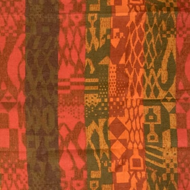60's/70's MCM Fabric Yardage | Screenprint on Linen Tiki Tribal Pattern |  Red | Orange | Green | Eames | 47 3/8