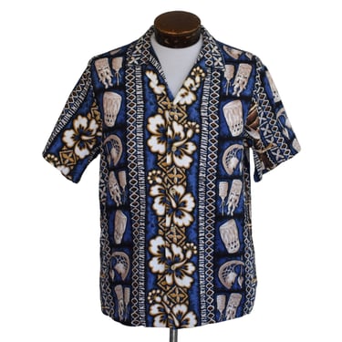 Vintage 80s Tiki Drum Print Hawaiian Shirt, 1980s Tribal Print Button Front, Size Medium to Large 