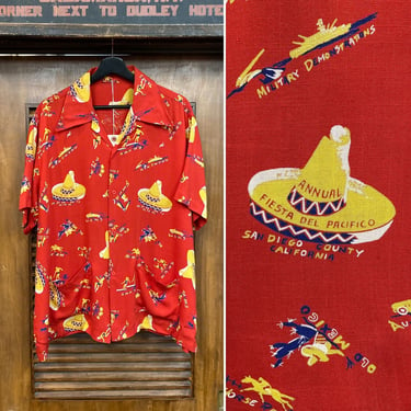 Vintage 1950’s Custom Atomic Rayon “San Diego Fiesta” Hawaiian Shirt, 50’s Vintage Clothing 