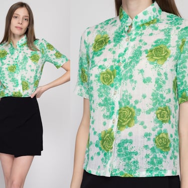 Small 70s Green Floral Button Up Nehru Collar Blouse | Boho Vintage Sheer Short Sleeve Collared Cropped Shirt 