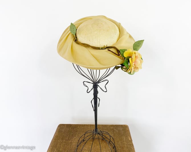1950s Yellow Saucer Hat | 50s Yellow Woven Straw Hat 